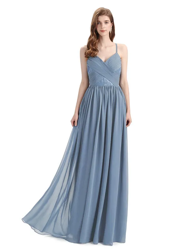 Elegant Spaghetti Straps A-line Chiffion Floor-Length Bridesmaid Dresses sold by ChicSew