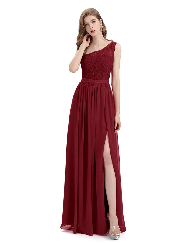 Elegant One Shoulder A-line Top Lace Floor-Length Maxi Bridesmaid Dresses Online sold by ChicSew