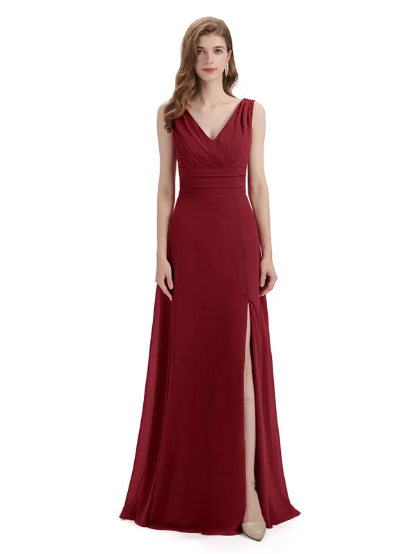 Elegant Sleeveless V-Neck Side Slit Floor-Length Long Bridesmaid Dresses sold by ChicSew