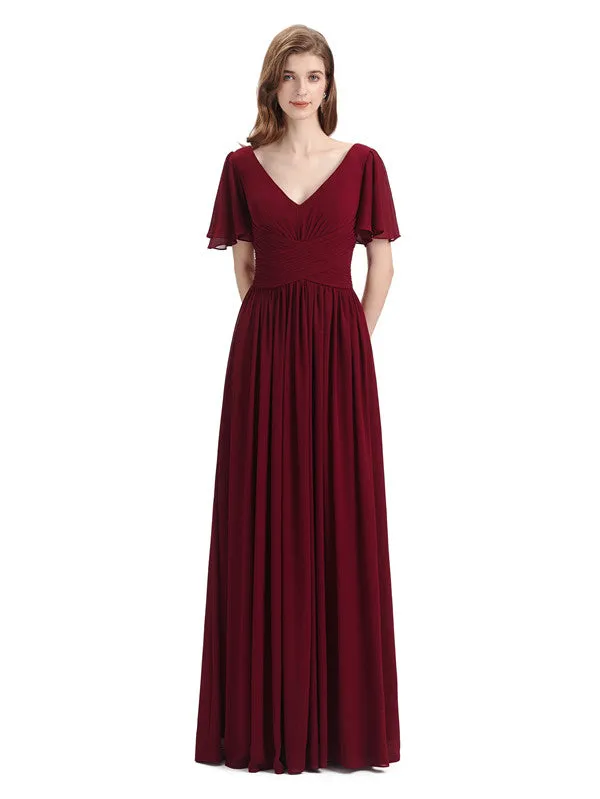 Chiffon A-line Short Sleeves Elegant Floor-Length Bridesmaid Dresses sold by ChicSew