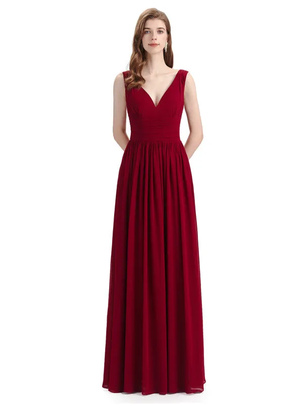 Simple Spaghetti Straps Chiffon A-line Sleeveless Floor-Length Bridesmaid Dresses sold by ChicSew