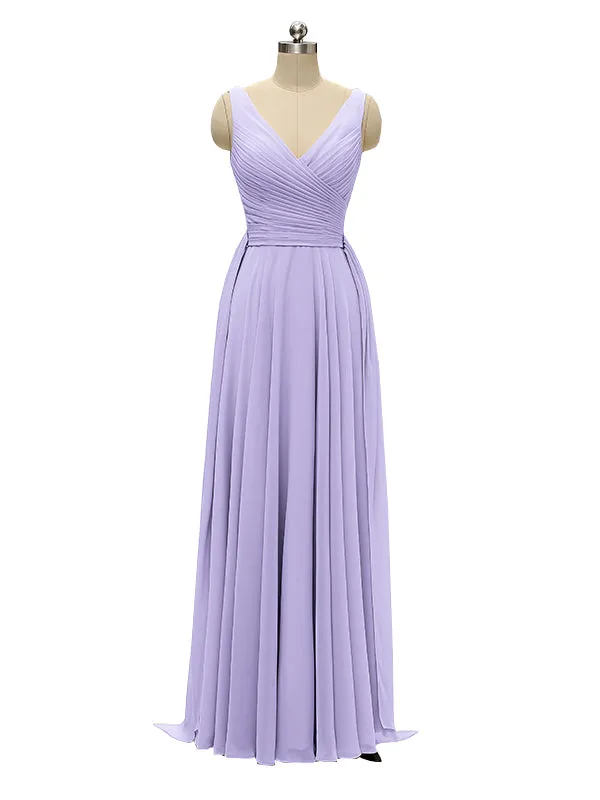 Unique A-line V Neck Chiffon Floor Length Bridesmaid Dresses sold by ChicSew