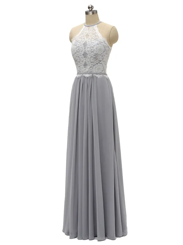 Top Lace Halter Chiffon Floor Length Bridesmaid Dresses sold by ChicSew