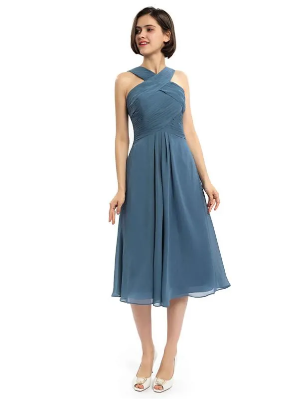 A-line Sleeveless Criss-cross Halter Tea-length Bridesmaid Dresses sold by ChicSew