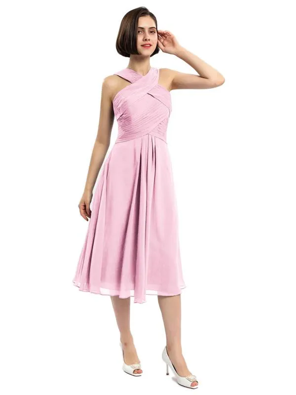 A-line Sleeveless Criss-cross Halter Tea-length Bridesmaid Dresses sold by ChicSew product image thumbnail 3