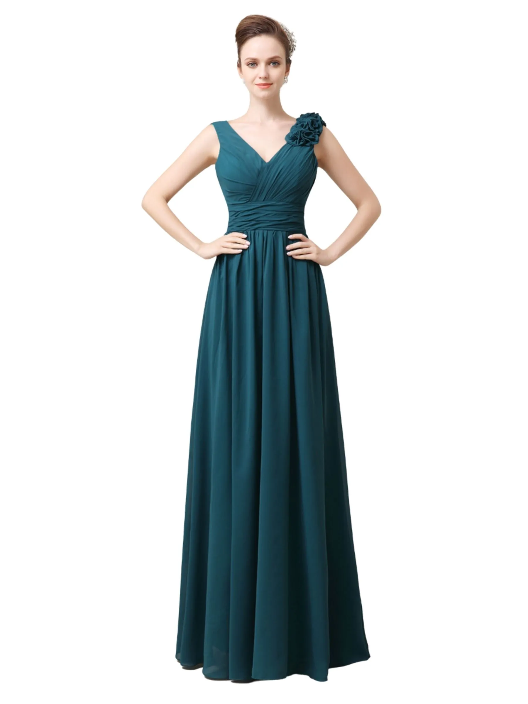 Elegant V-neck Flower A-line Floor-Length Long Bridesmaid Dresses sold by ChicSew
