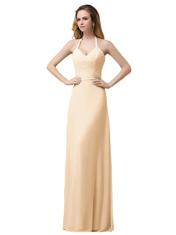 Halter Chiffon A-line Sleeveless Floor-Length Long Bridesmaid Dresses sold by ChicSew