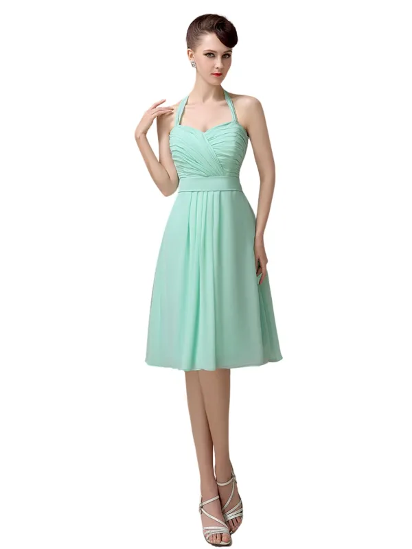 Halter Straps Chiffon Simple Backless Short Bridesmaid Dresses sold by ChicSew