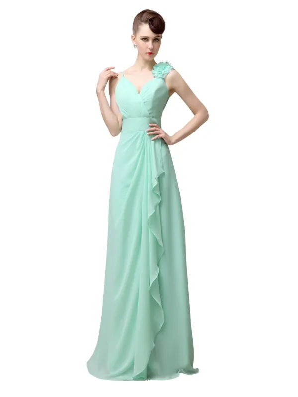 V-neck A-line Simple Chiffon Floor-Length Long Bridesmaid Dresses sold by ChicSew