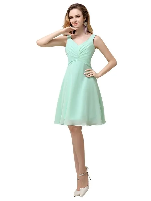 Chiffon A-line V-Neck Knee-Length Short Bridesmaid Dresses sold by ChicSew
