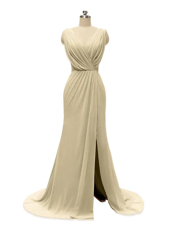 V Neck Chiffon Long Bridesmaid Dresses With Slit sold by ChicSew