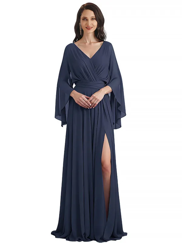 Casual Chiffon V-neck Long Flutter Sleeves A-Line Long Mother of The Bride Dresses sold by ChicSew