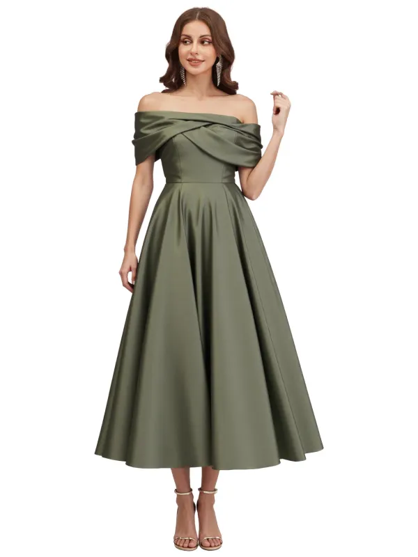 Elegant Off Shoulder Silky Satin A-line Ruched Long Formal Evening Dresses sold by ChicSew
