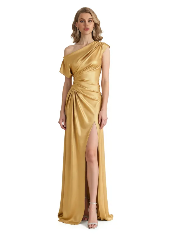 Sexy Asymmetric Silky Satin Side Slit Mermaid Ruched Long Formal Evening Dresses sold by ChicSew