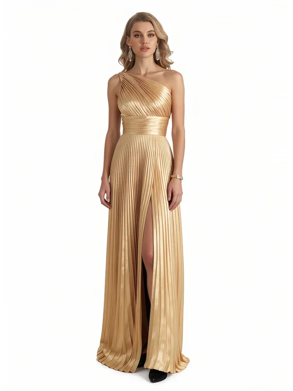 Sexy One Shoulder Side Slit Pleats A-Line Silky Satin Long Formal Evening Dresses For Women sold by ChicSew