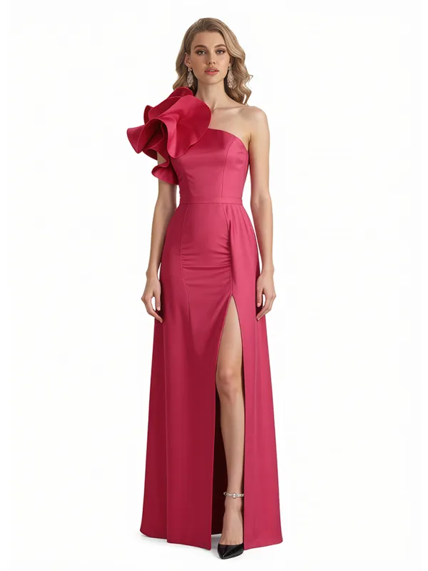 Sexy One Shoulder Silky Satin Side Slit A-Line Long Formal Evening Dresses For Women sold by ChicSew