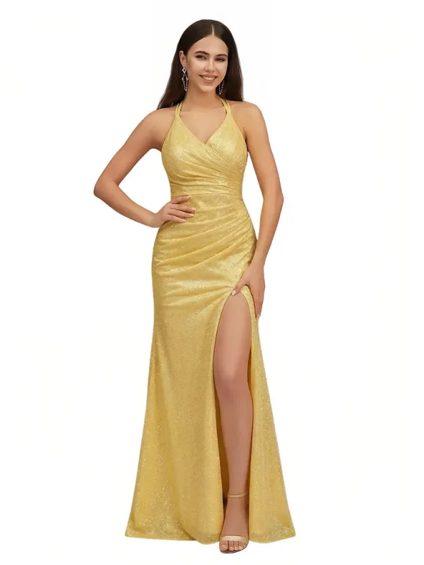 Shiny Spaghetti Straps V-Neck Mermaid Glitter Jersey Ruched Long Formal Dresses Side Slit sold by ChicSew
