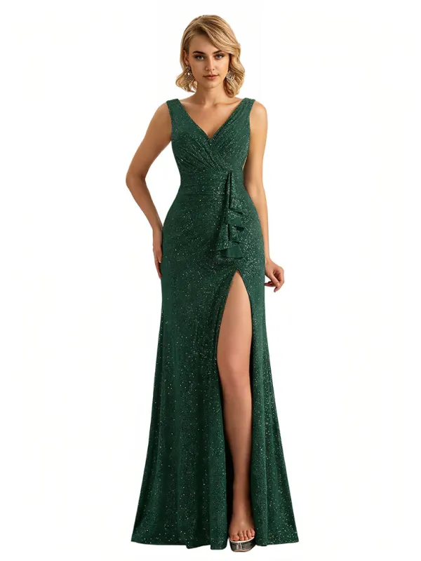 Shiny V-neck Mermaid Glitter Jersey Side Slit Ruffle Maxi Formal Dresses For Women sold by ChicSew