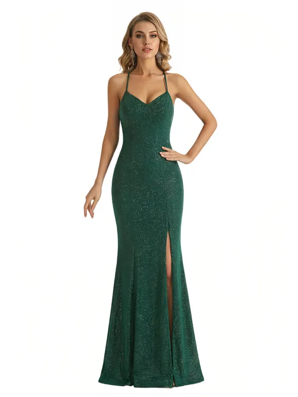 Shiny Spaghetti Straps V-Neck Mermaid Glitter Jersey Long Formal Dresses For Women sold by ChicSew