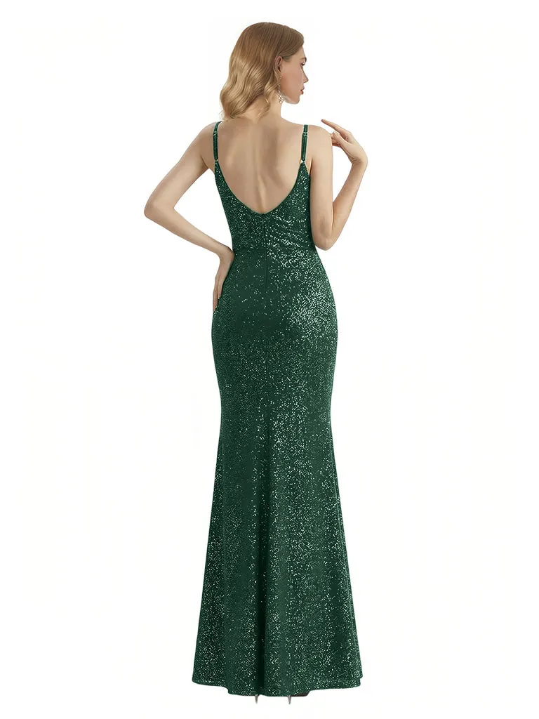 Shiny Spaghetti Straps V-Neck Mermaid Glitter Jersey Long Formal Dresses For Women sold by ChicSew product image thumbnail 2