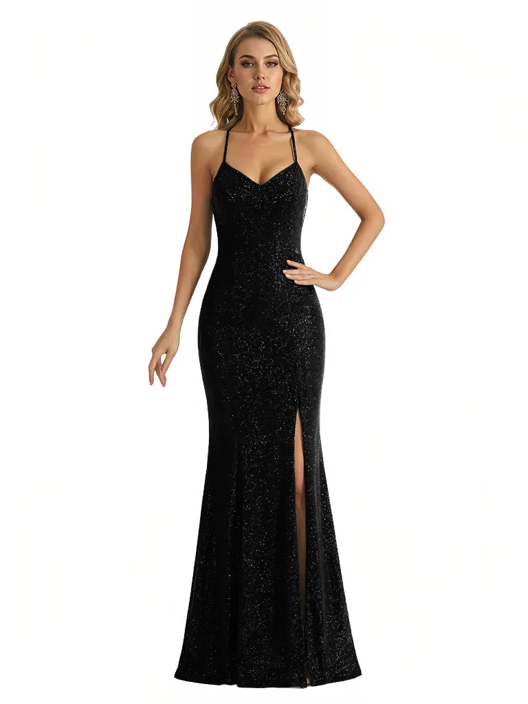 Shiny Spaghetti Straps V-Neck Mermaid Glitter Jersey Long Formal Dresses For Women sold by ChicSew product image thumbnail 3