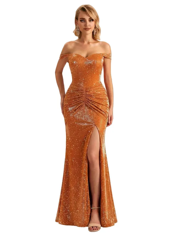 Shiny Off Shoulder Side Slit Mermaid Glitter Jersey Long Formal Dresses For Women sold by ChicSew