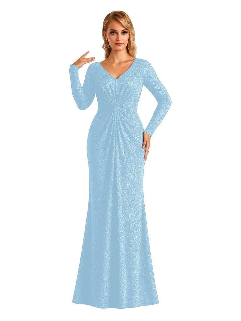Elegant V-neck Long Sleeves Glitter Jersey Mermaid Floor Length Evening Formal Dresses sold by ChicSew product image thumbnail 4