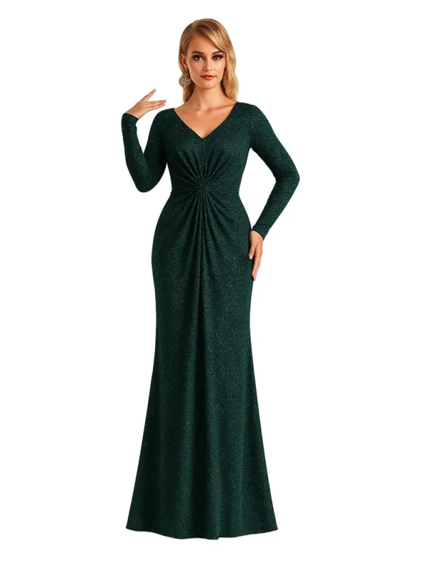 Elegant V-neck Long Sleeves Glitter Jersey Mermaid Floor Length Evening Formal Dresses sold by ChicSew