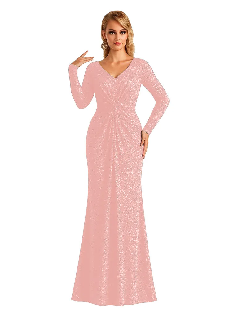 Elegant V-neck Long Sleeves Glitter Jersey Mermaid Floor Length Evening Formal Dresses sold by ChicSew product image thumbnail 5