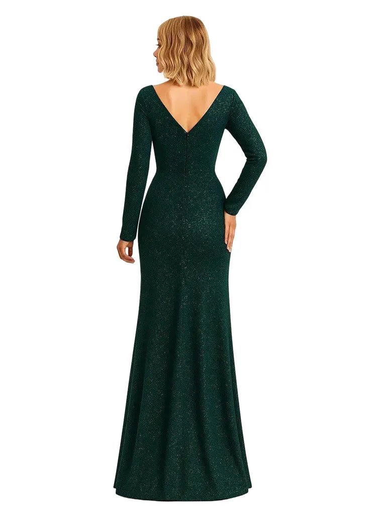 Elegant V-neck Long Sleeves Glitter Jersey Mermaid Floor Length Evening Formal Dresses sold by ChicSew product image thumbnail 2