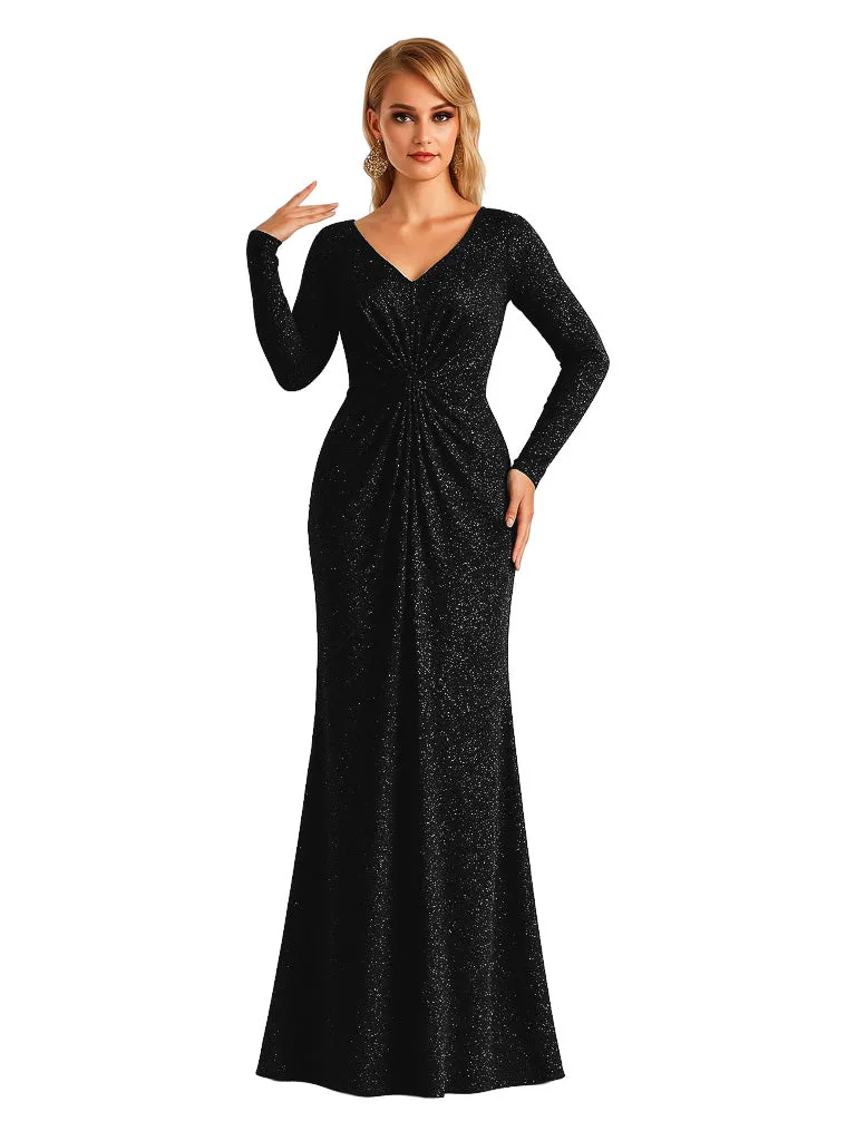 Elegant V-neck Long Sleeves Glitter Jersey Mermaid Floor Length Evening Formal Dresses sold by ChicSew product image thumbnail 3