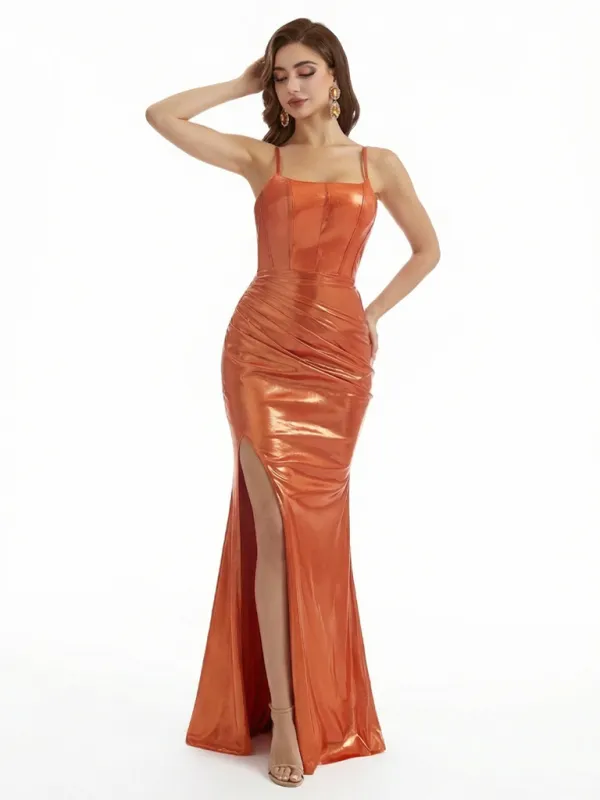 Sexy Spaghetti Straps Sleeveless Side Slit Mermaid Metallic Shiny Fabric Long Formal Dresses made by ChicSew