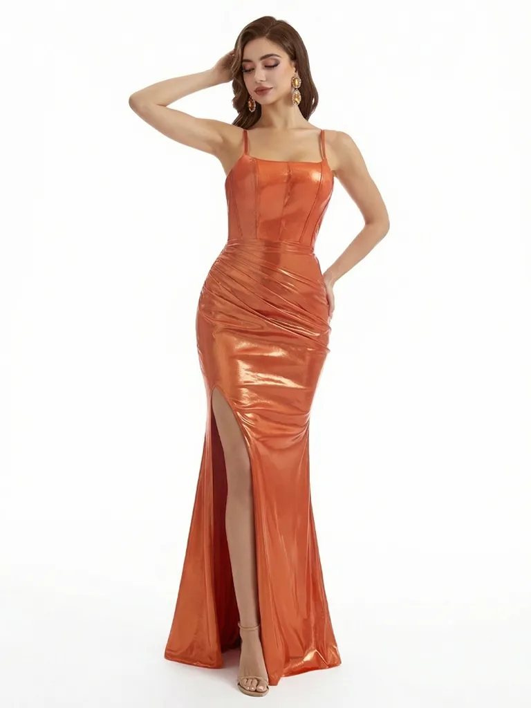 Sexy Spaghetti Straps Sleeveless Side Slit Mermaid Metallic Shiny Fabric Long Formal Dresses sold by ChicSew