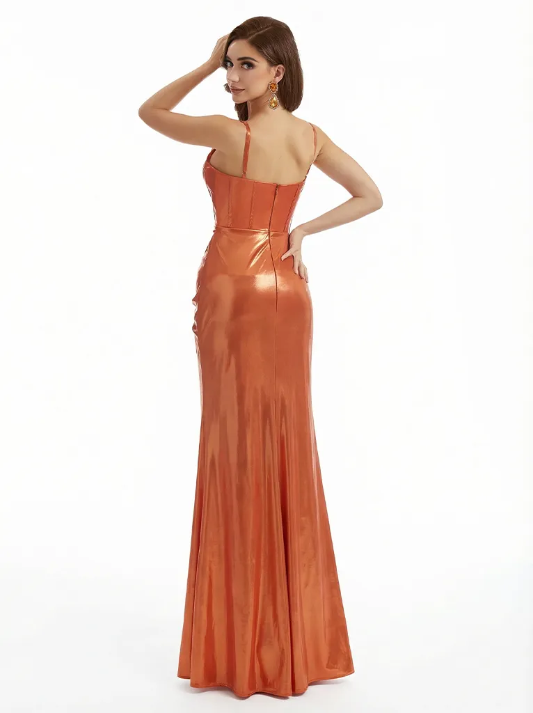 Sexy Spaghetti Straps Sleeveless Side Slit Mermaid Metallic Shiny Fabric Long Formal Dresses sold by ChicSew product image thumbnail 2