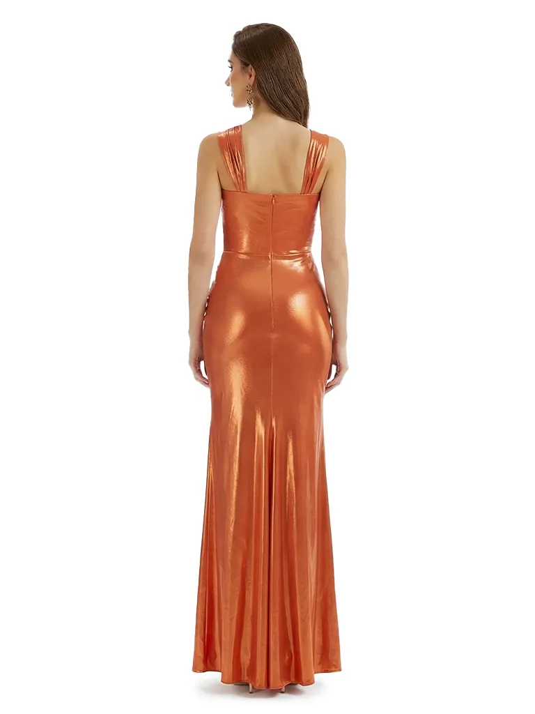 Sexy Asymmetric Straps Mermaid Metallic Shiny Fabric Long Formal Dresses Side Slit sold by ChicSew product image thumbnail 2