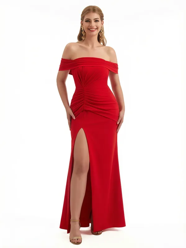 Elegant Off The Shoulder Ruched Stretchy Crepe Mermaid Maxi Evening Gowns For Women Side Slit sold by ChicSew