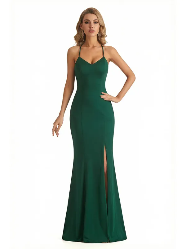 Sexy Spaghetti Straps V-Neck Mermaid Jersey Side Slit Long Formal Dresses For Women sold by ChicSew