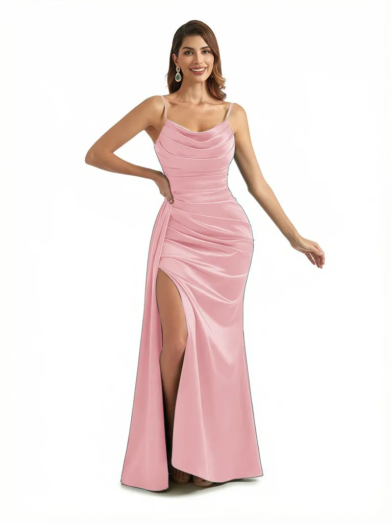 Sexy V-Neck Side Slit Spaghetti Straps Silky Satin Mermaid Long Formal Dresses sold by ChicSew product image thumbnail 5
