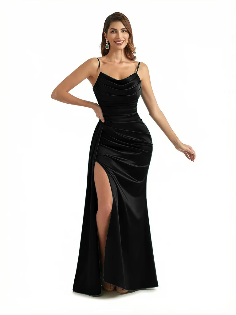 Sexy V-Neck Side Slit Spaghetti Straps Silky Satin Mermaid Long Formal Dresses sold by ChicSew product image thumbnail 3