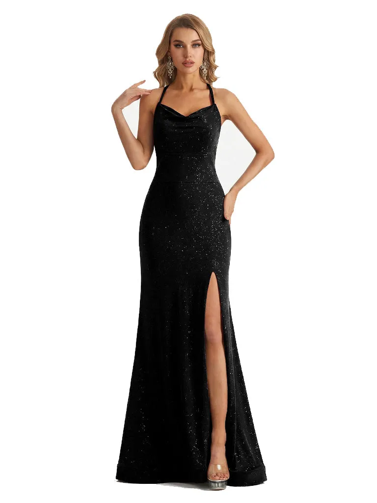 Shiny Spaghetti Straps Cowl Mermaid Glitter Jersey Long Formal Dresses For Women sold by ChicSew product image thumbnail 3