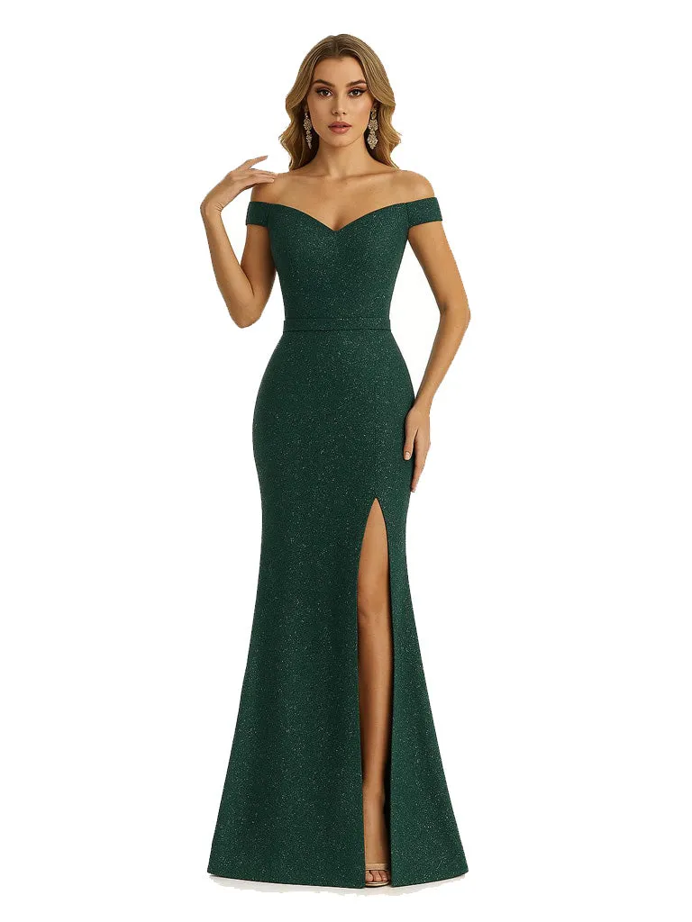 Shiny Off Shoulder Mermaid Glitter Jersey Long Formal Dresses For Women sold by ChicSew