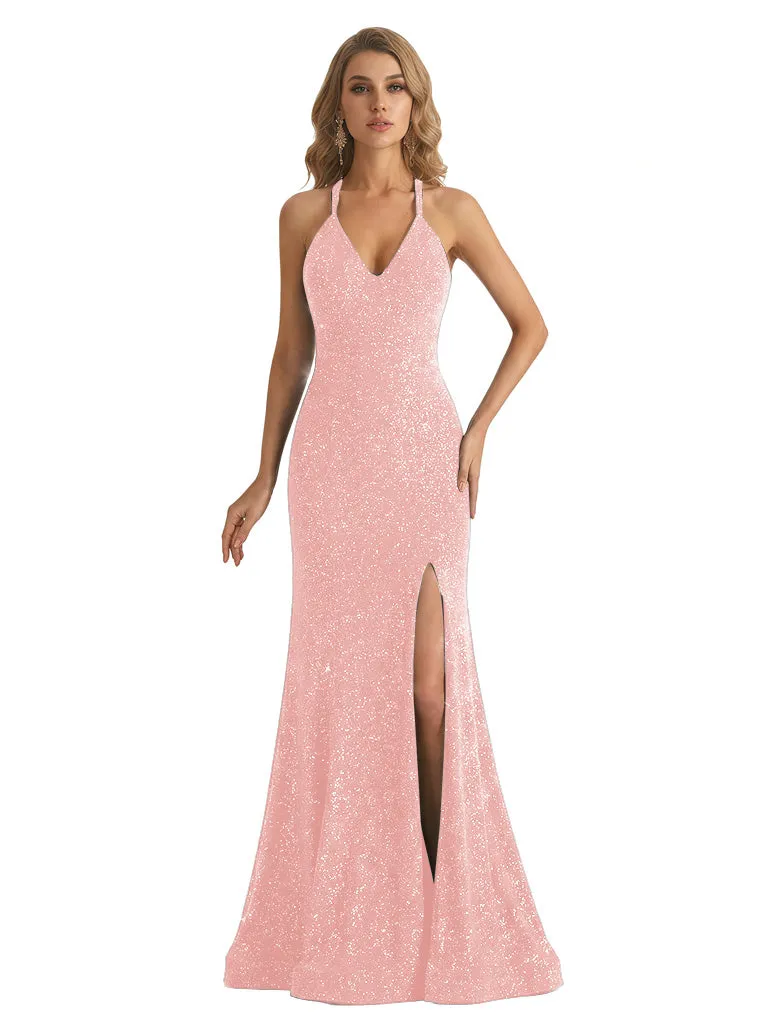 Shiny Spaghetti Straps V-Neck Mermaid Glitter Jersey Long Formal Dresses For Women sold by ChicSew product image thumbnail 5