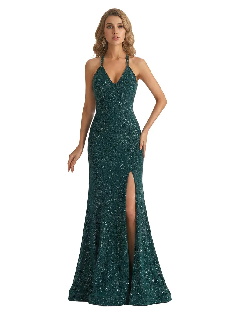 Shiny Spaghetti Straps V-Neck Mermaid Glitter Jersey Long Formal Dresses For Women sold by ChicSew