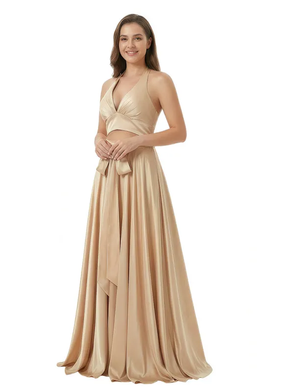 Sexy V-Neck Silky Satin A-Line Long Formal Dresses For Women sold by ChicSew