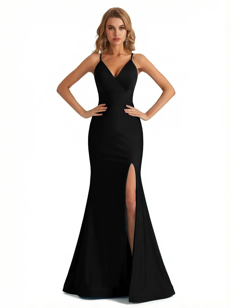 Sexy V-Neck Spaghetti Straps Mermaid Jersey Long Formal Dresses Side Slit sold by ChicSew product image thumbnail 3