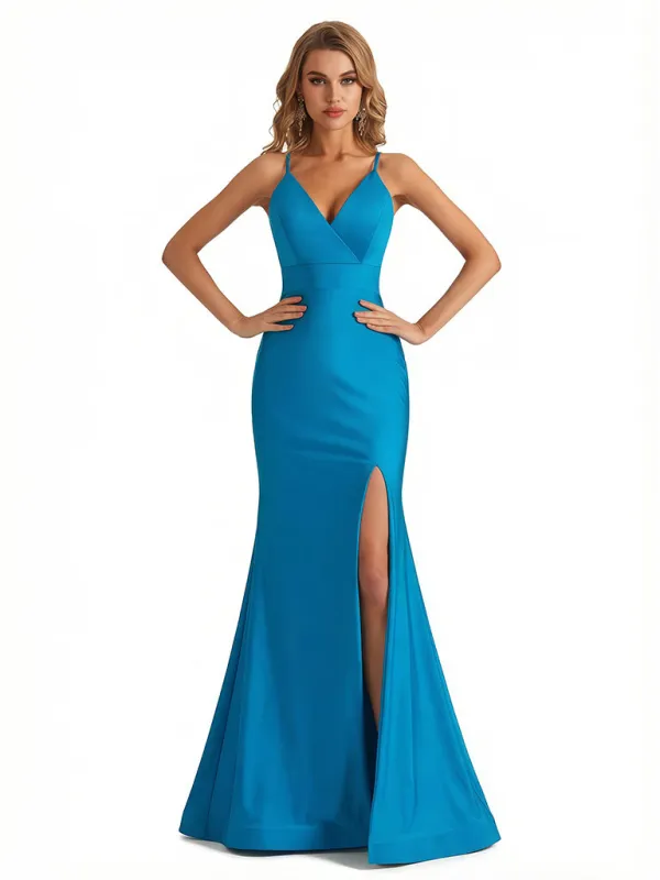 Sexy V-Neck Spaghetti Straps Mermaid Jersey Long Formal Dresses Side Slit made by ChicSew