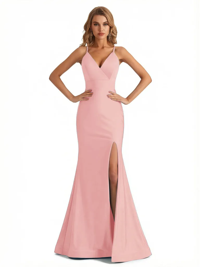 Sexy V-Neck Spaghetti Straps Mermaid Jersey Long Formal Dresses Side Slit sold by ChicSew product image thumbnail 5