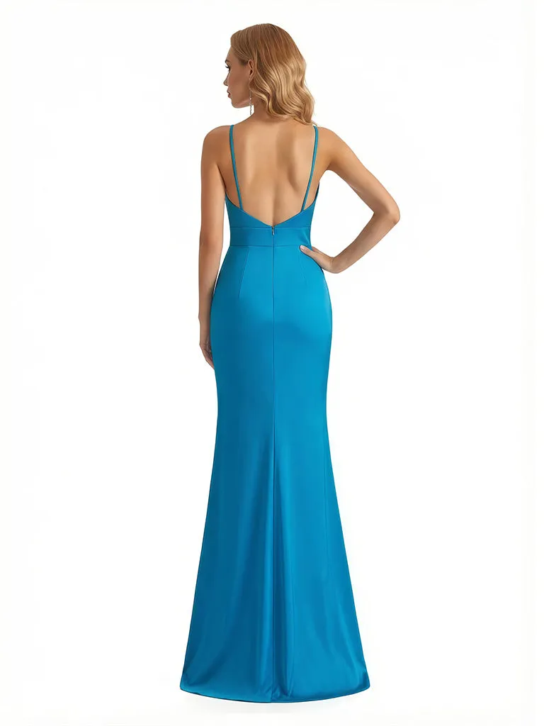 Sexy V-Neck Spaghetti Straps Mermaid Jersey Long Formal Dresses Side Slit sold by ChicSew product image thumbnail 2