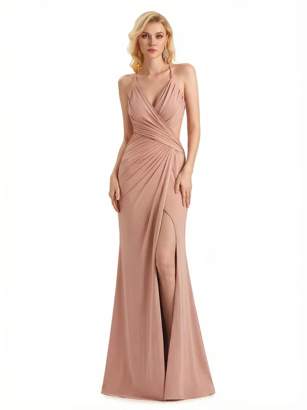 Sexy V-Neck Mermaid Jersey Long Formal Dresses For Women Spaghetti Straps Side Slit sold by ChicSew