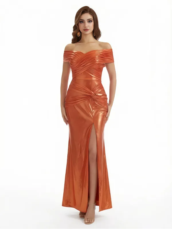 Elegant Off Shoulder Mermaid Metallic Shiny Fabric Long Formal Dresses made by ChicSew